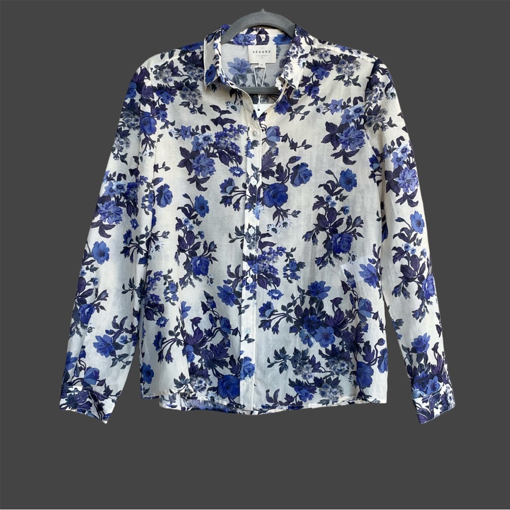 SEZANE NWT Blue & White Floral Printed Lightweight Silk Button Down Pierro Shirt - Picture 4 of 15